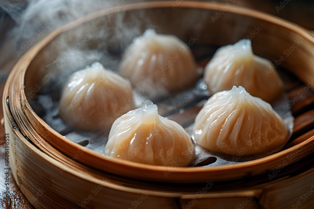 The steaming Chinese Dim sum in the bamboo basket The steaming Chinese Dim sum in the bamboo basket