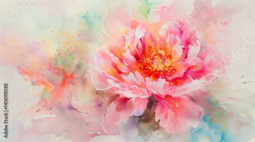 Exquisite Watercolor Painting of a Blooming Pink Peony Flower with Delicate Details and Soft Pastel Hues