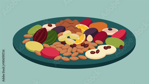 A platter of homemade trail mix with a variety of nuts seeds and dried fruits.. Vector illustration