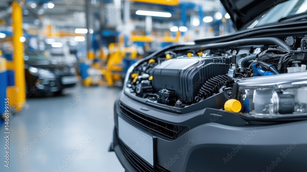 Close-Up of Modern Car Engine in Automotive Workshop with Advanced Technology and Equipment Close-Up of Modern Car Engine in Automotive Workshop with Advanced Technology and Equipment