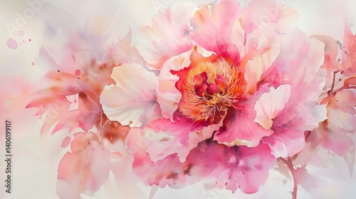 Fototapeta Naklejka Na Ścianę i Meble -  Watercolor Pink Peony Flower in Full Bloom with Delicate Petals and Soft Colors