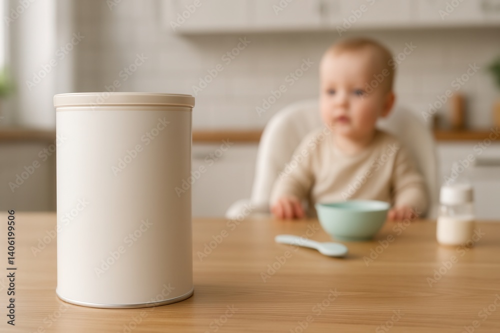 Blank packaging mockup on table with baby eating in high chair in background Blank packaging mockup on table with baby eating in high chair in background