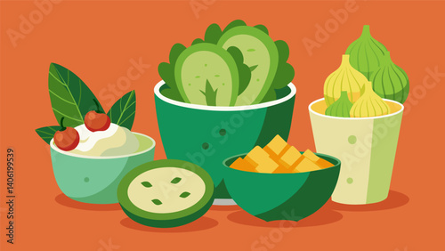 A mix of hot and cold options such as warm spinach and artichoke dip paired with refreshing cucumber and hummus cups for a wellbalanced and satisfying. Vector illustration