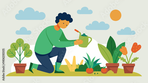 A person planting a garden and growing their own food promoting a deeper connection to the source of their sustenance.. Vector illustration