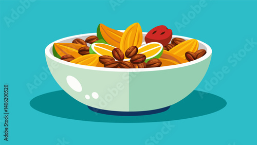 A delectable combination of honeyglazed pecans jerkseasoned plantain chips and chililime roasted chickpeas served in a modern marble bowl.. Vector illustration