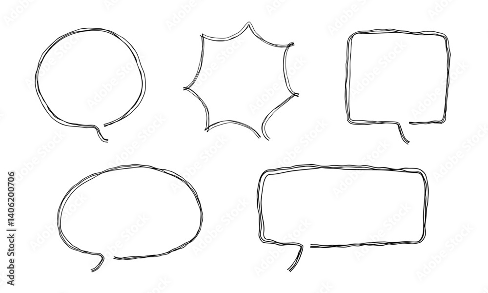Obraz premium 吹き出しの手描き線画アイコン 複数の線が重なったモノクロのベクターイラストセット2