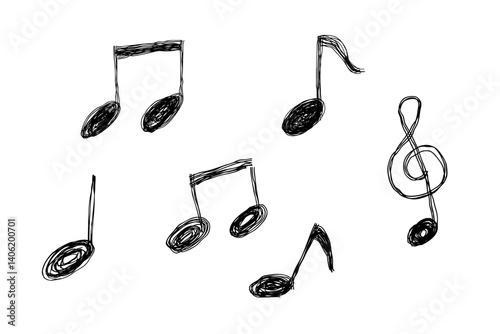 様々な音符の手描き線画アイコン 複数の線が重なったモノクロのベクターイラストセット