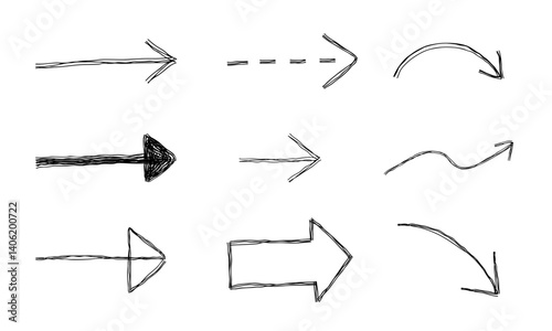 様々な直線矢印の手描き線画アイコン 複数の線が重なったモノクロのベクターイラストセット
