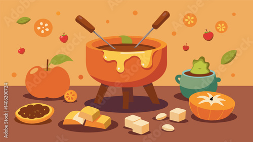 A festive holiday party with a fondue pot filled with warm and gooey caramel surrounded by apple slices pretzel rods and cubes of pumpkin bread for. Vector illustration