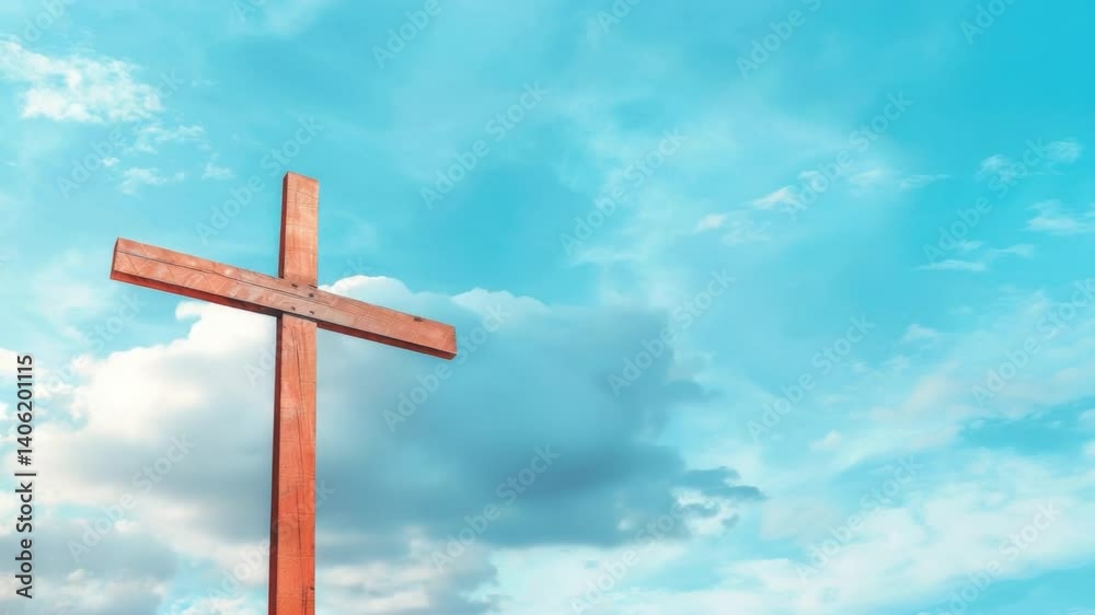 Wooden Cross Against Bright Blue Sky and Fluffy Clouds Symbol of Faith, Hope, Spirituality, and Nature in Great Outdoors Wooden Cross Against Bright Blue Sky and Fluffy Clouds Symbol of Faith, Hope, Spirituality, and Nature in Great Outdoors