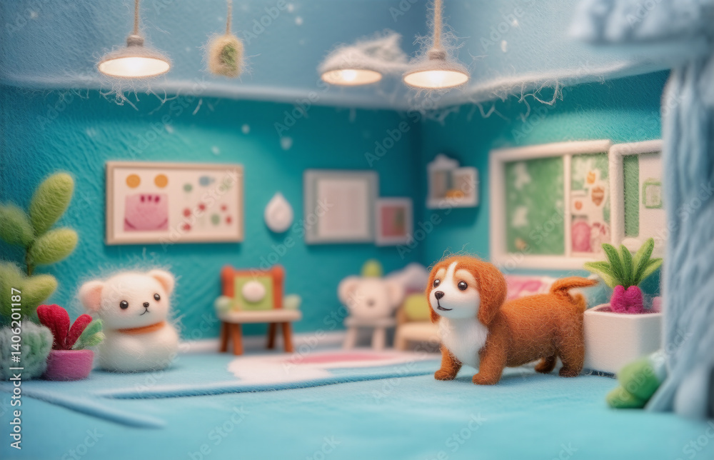 A charming miniature room, teal walls, and soft lighting showcase adorable felt animals. A playful scene of a cozy, child-like space. A charming miniature room, teal walls, and soft lighting showcase adorable felt animals. A playful scene of a cozy, child-like space.