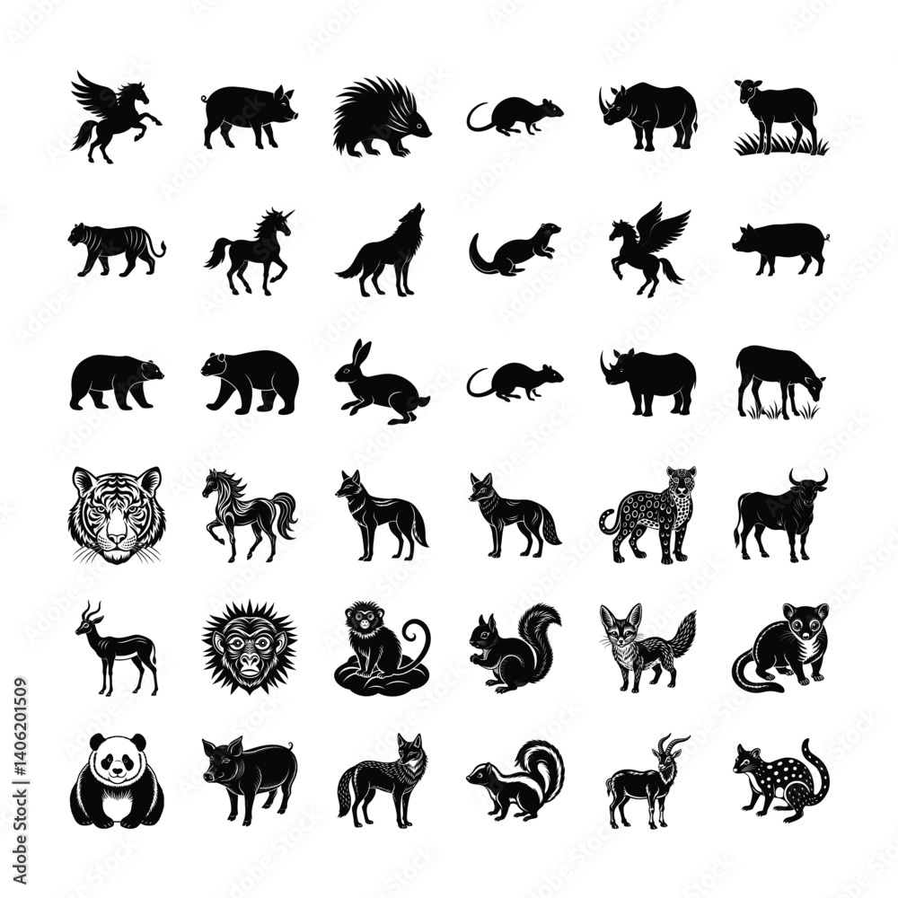 Naklejka premium Wild Animal Icons of Jungle Farm and Fantasy Creatures