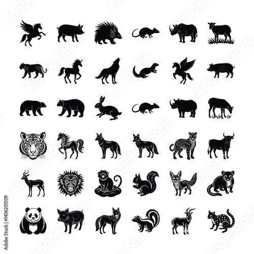 Wild Animal Icons of Jungle Farm and Fantasy Creatures