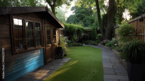 A general view of a back garden with artificial grass, grey paving slab patio, flower bed with plants, timber fences, blue shed, summer house garden timber outbuilding  