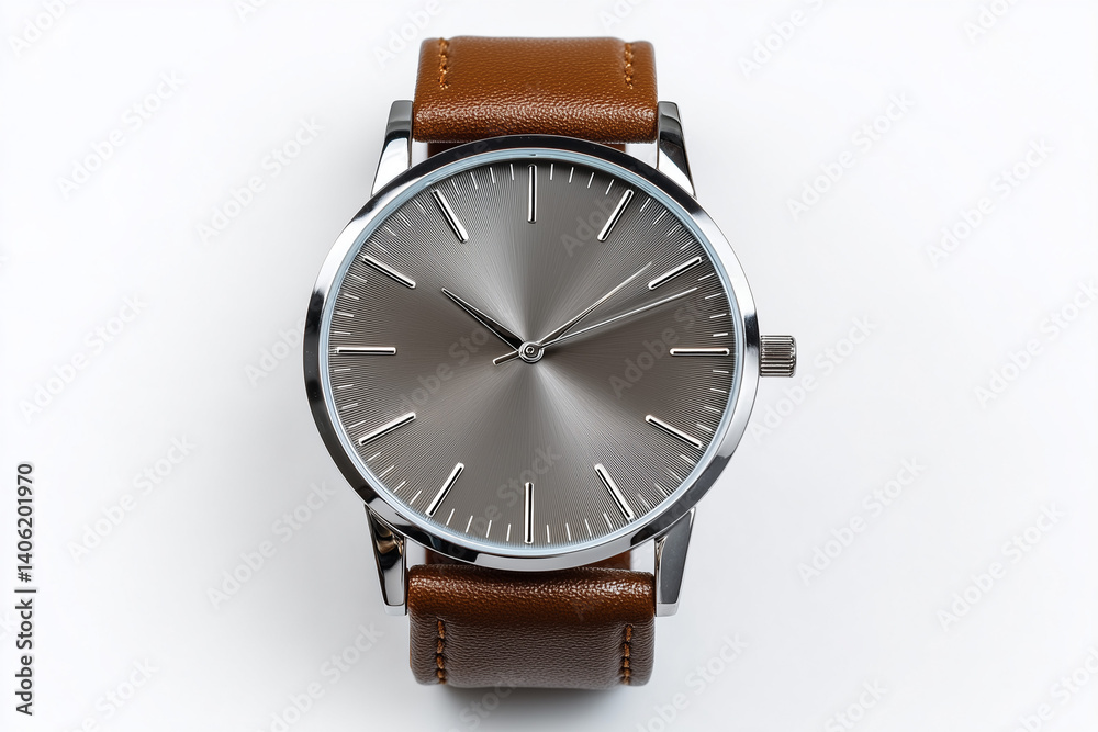 Stylish wristwatch with a sleek gray face and brown leather strap displayed on a white background Stylish wristwatch with a sleek gray face and brown leather strap displayed on a white background