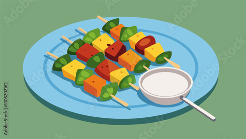 A platter of grilled vegetable skewers paired with a refreshing ranch dressing for dipping.. Vector illustration