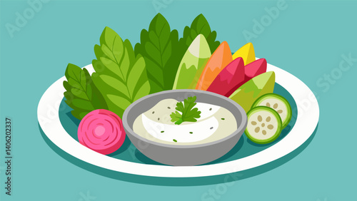 A mix of fresh and pickled veggies such as cucumber sticks pickled radishes and marinated artichoke hearts served with a creamy herb dip.. Vector illustration