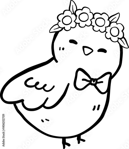 Cute little Bird with flower crown Outline Cartoon Hand Drawn