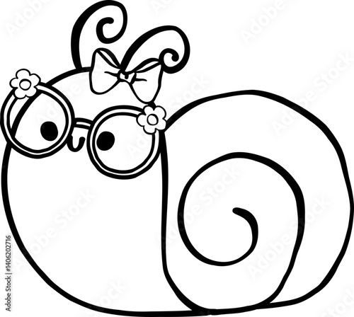 Cute Nerd Snail Outline Cartoon Hand Drawn
