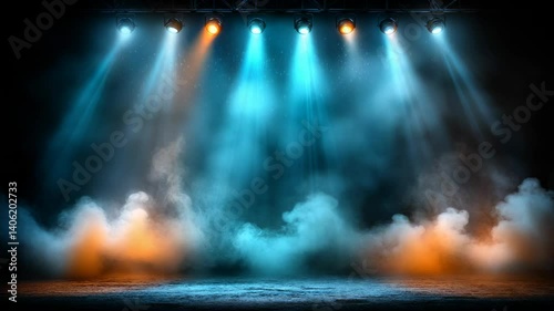 Illuminated stage featuring bright spotlights with smoke and haze creating a dramatic atmosphere in a dark setting.