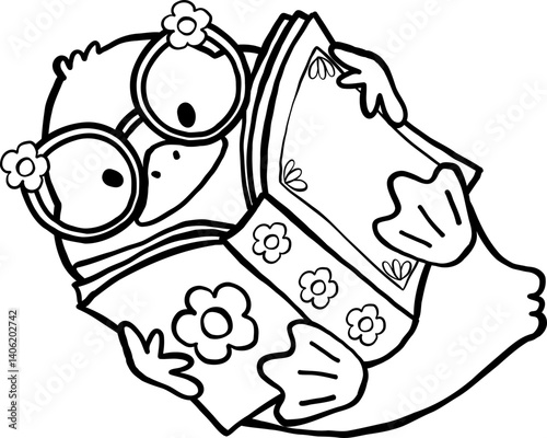 Cute Duck Reading Outline Cartoon Hand Drawn