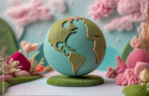 A whimsical illustration of our planet, crafted from clay, nestled within a lush, handcrafted environment of pastel flora and fluffy clouds, inviting viewers to consider its beauty.