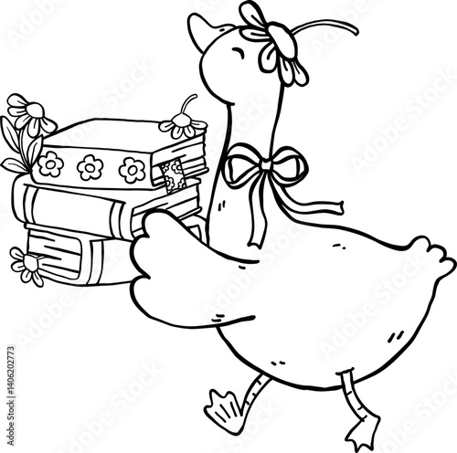 Cute Spring Goose Carring Book Outline Cartoon Hand Drawn