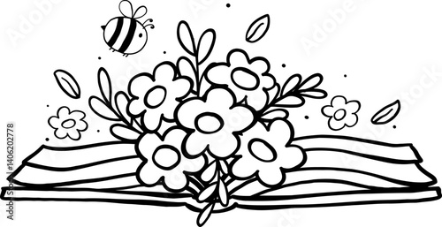 Cute Spring Open Book with Flowers Outline Cartoon Hand Drawn