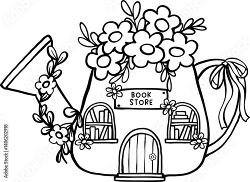 Cute Spring Bookish book store Watering Can Shape Outline Cartoon Hand Drawn