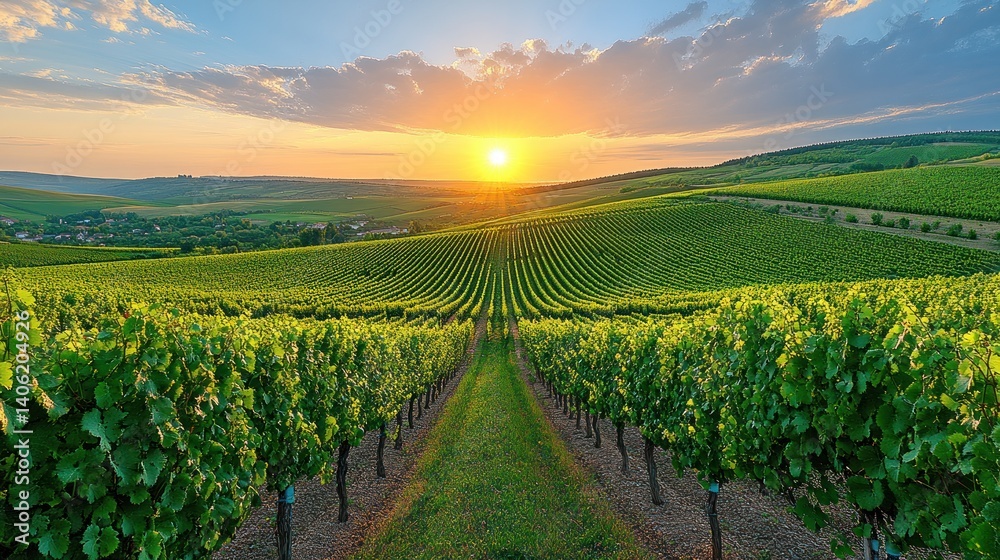 Sunrise over vineyard rows, idyllic landscape