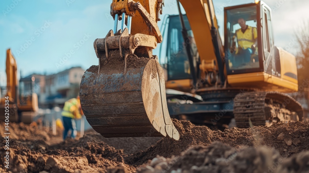 Fototapeta premium Construction worker operating an excavator at a construction site. Featuring heavy machinery and earthmoving