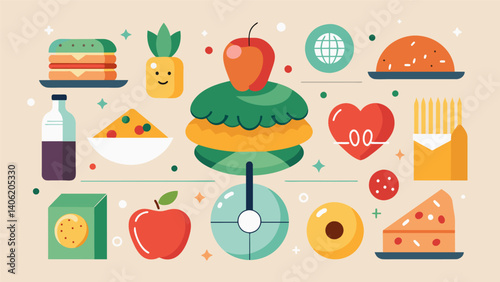 A collage of different foods with messages about moderation and balance promoting the idea that all foods can fit into a healthy eating pattern.. Vector illustration