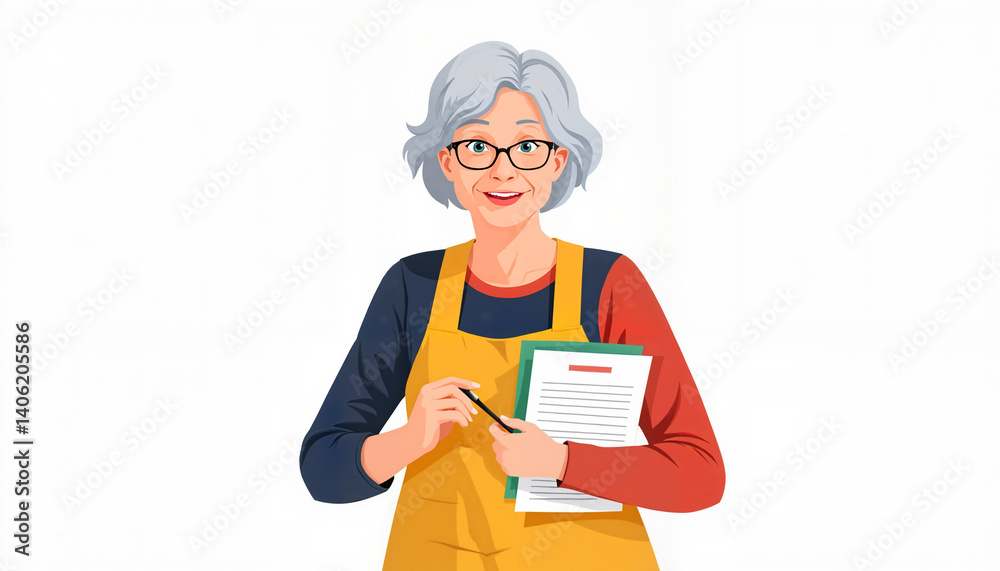 Senior woman smiling with a pen and papers in a bright setting Senior woman smiling with a pen and papers in a bright setting
