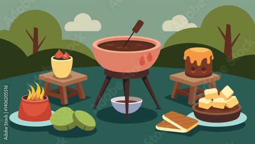 A cozy backyard gathering with a vintage fondue set holding a velvety chocolate sauce accompanied by marshmallows cookies and graham crackers for. Vector illustration