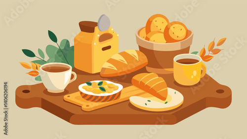 A cozy countrystyle bread board showcasing an array of freshly baked artisanal breads flaky croissants and honey wheat toast accompanied by small. Vector illustration