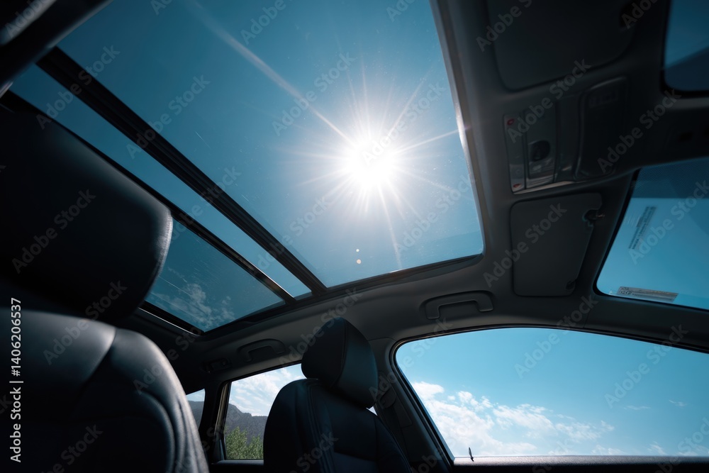A clear blue sky visible through the open sunroof of a car, inviting adventure. A clear blue sky visible through the open sunroof of a car, inviting adventure.