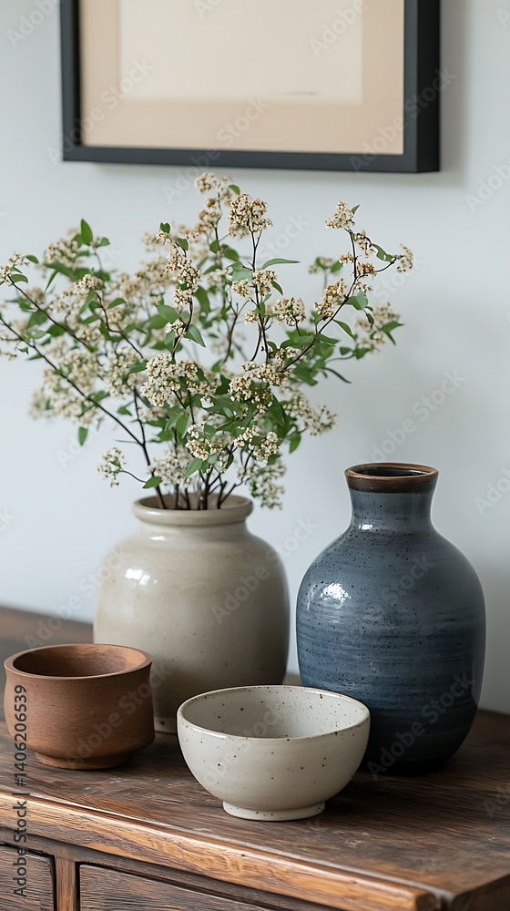 Elegant Still Life: Ceramic Vases with Delicate White Flowers and Decorative Bowls on a Rustic Wooden Surface.