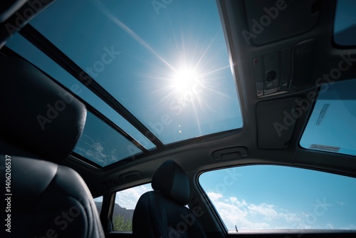 A clear blue sky visible through the open sunroof of a car, inviting adventure.