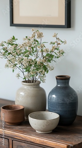 Obraz na płótnie Elegant Still Life: Ceramic Vases with Delicate White Flowers and Decorative Bowls on a Rustic Wooden Surface. w salonie