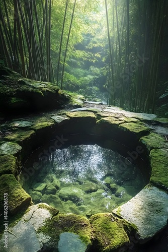 The light and shadow of the bamboo forest by the ancient well