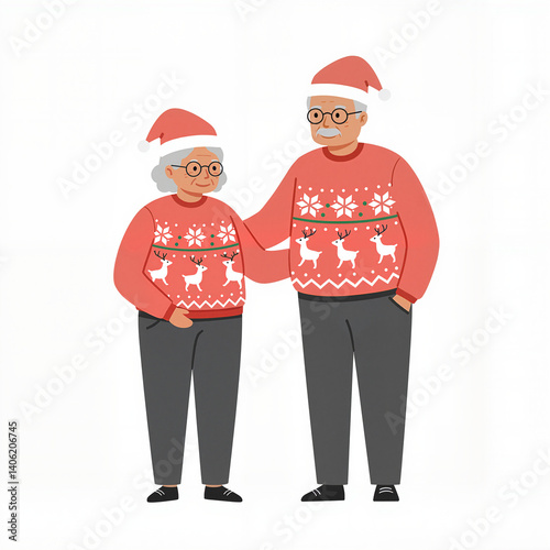 Elderly couple wearing funny Christmas jumpers and hats against white background  