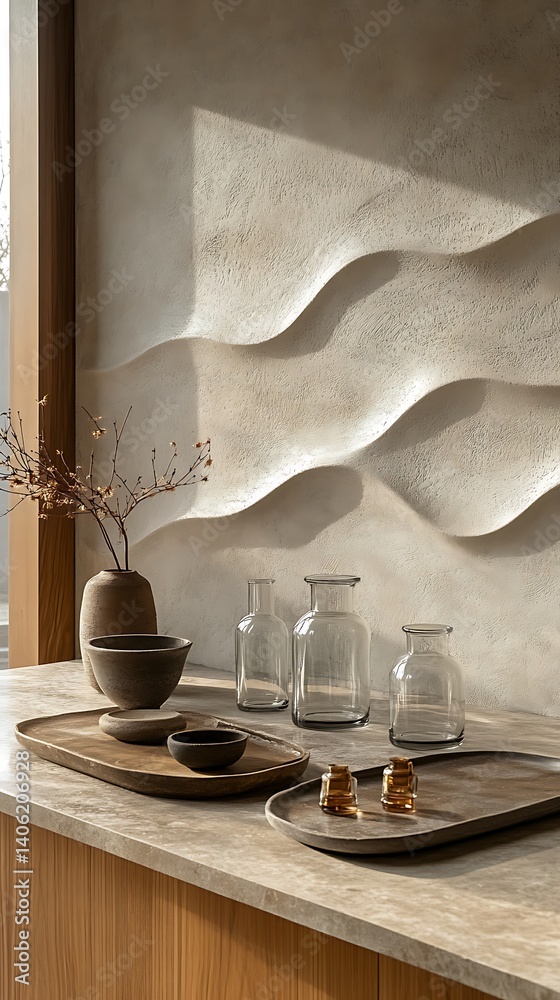 Elegant Still Life with Vases, Bowls, and Textured Wall Decoration in a Neutral Color Palette, Minimalist Decor.