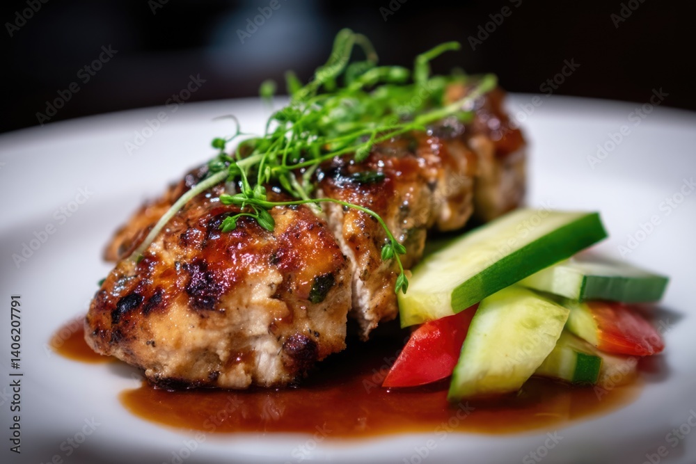 A detailed view of a beautifully arranged chicken dish served on a plate. A detailed view of a beautifully arranged chicken dish served on a plate.