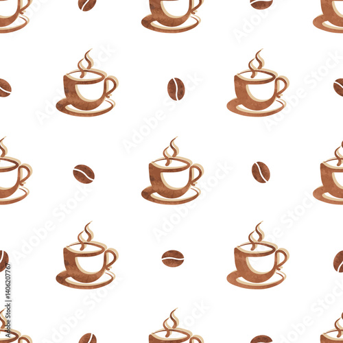 Coffee beans and cups seamless pattern. Vector watercolor coffee background