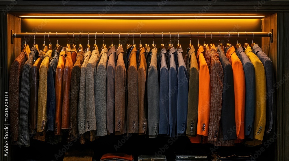 Modern wardrobe rack with neatly arranged outfits by color, texture, and seasonal theme Modern wardrobe rack with neatly arranged outfits by color, texture, and seasonal theme