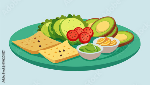 A platter of glutenfree crackers with a variety of toppings such as hummus avocado and roasted veggies ideal for snacking at a party.. Vector illustration