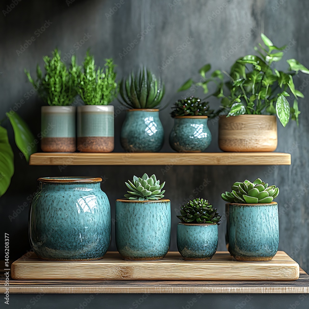 Green Potted Plants and Succulents on Wooden Shelves with Textured Dark Wall Background for Home Decor.