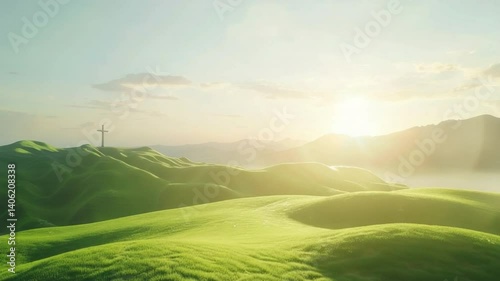 Serene outdoor scenery of rolling green hills at sunrise, with cross in distance symbolizing peace and hope, creating tranquil and peaceful atmosphere in nature.