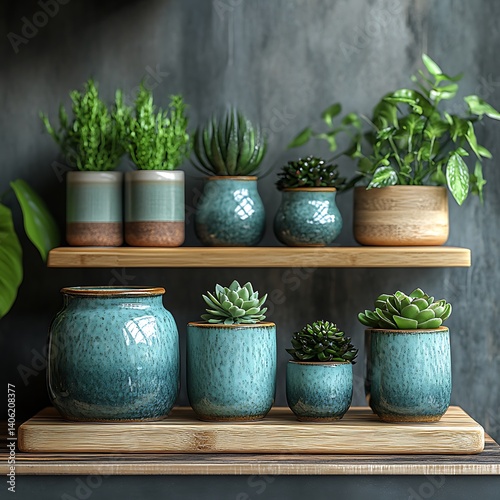 Obraz na płótnie Green Potted Plants and Succulents on Wooden Shelves with Textured Dark Wall Background for Home Decor. w salonie