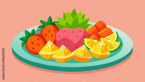 A platter of fresh fruit including juicy gs sweet strawberries and tangy pineapple chunks.. Vector illustration